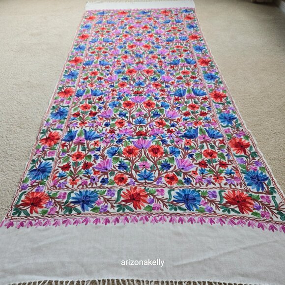 Wool Scarf With Colorful Chain Stitch Embroidery Flowers Vines - Picture 7 of 16